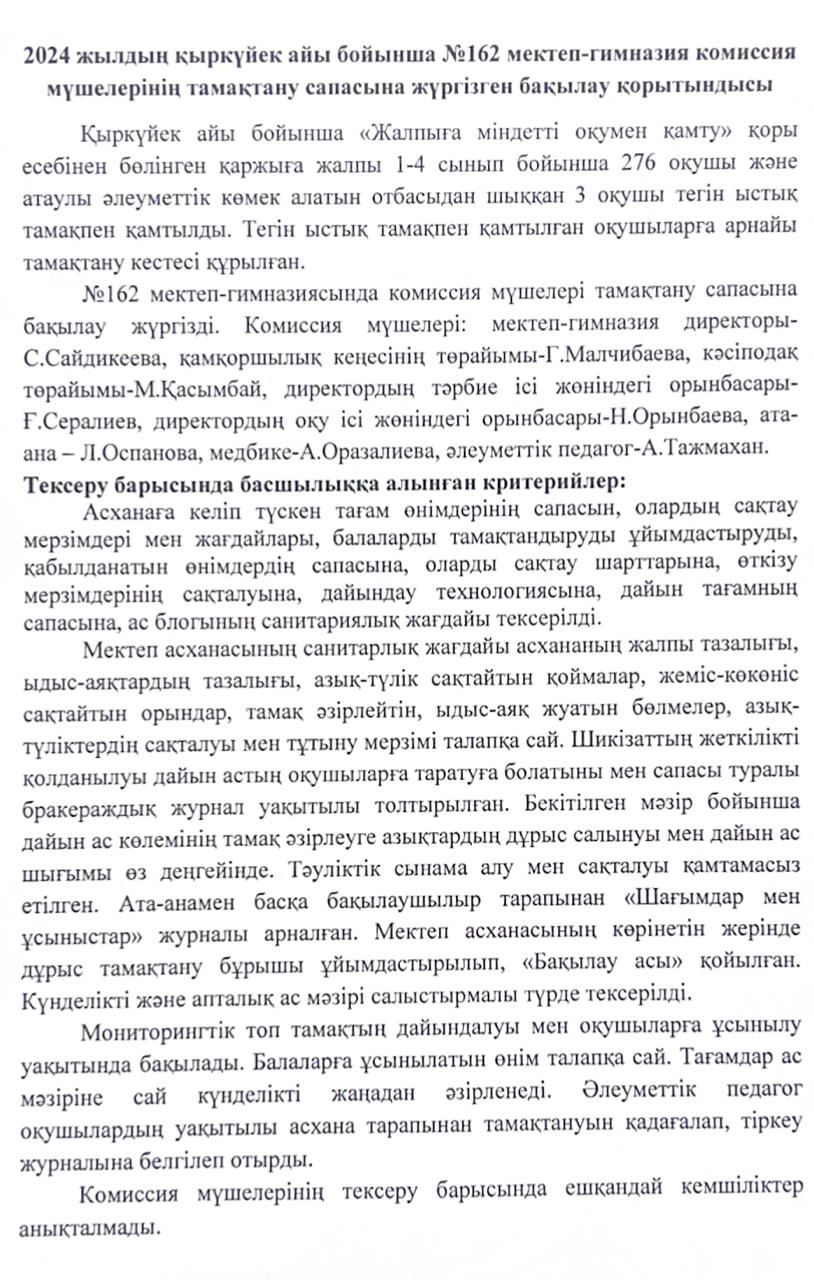 2024 жылдың қыркүйек айы бойынша №162 мектеп-гимназия комиссия мүшелерінің тамақтану сапасына жүргізген бақылау қорытындысы