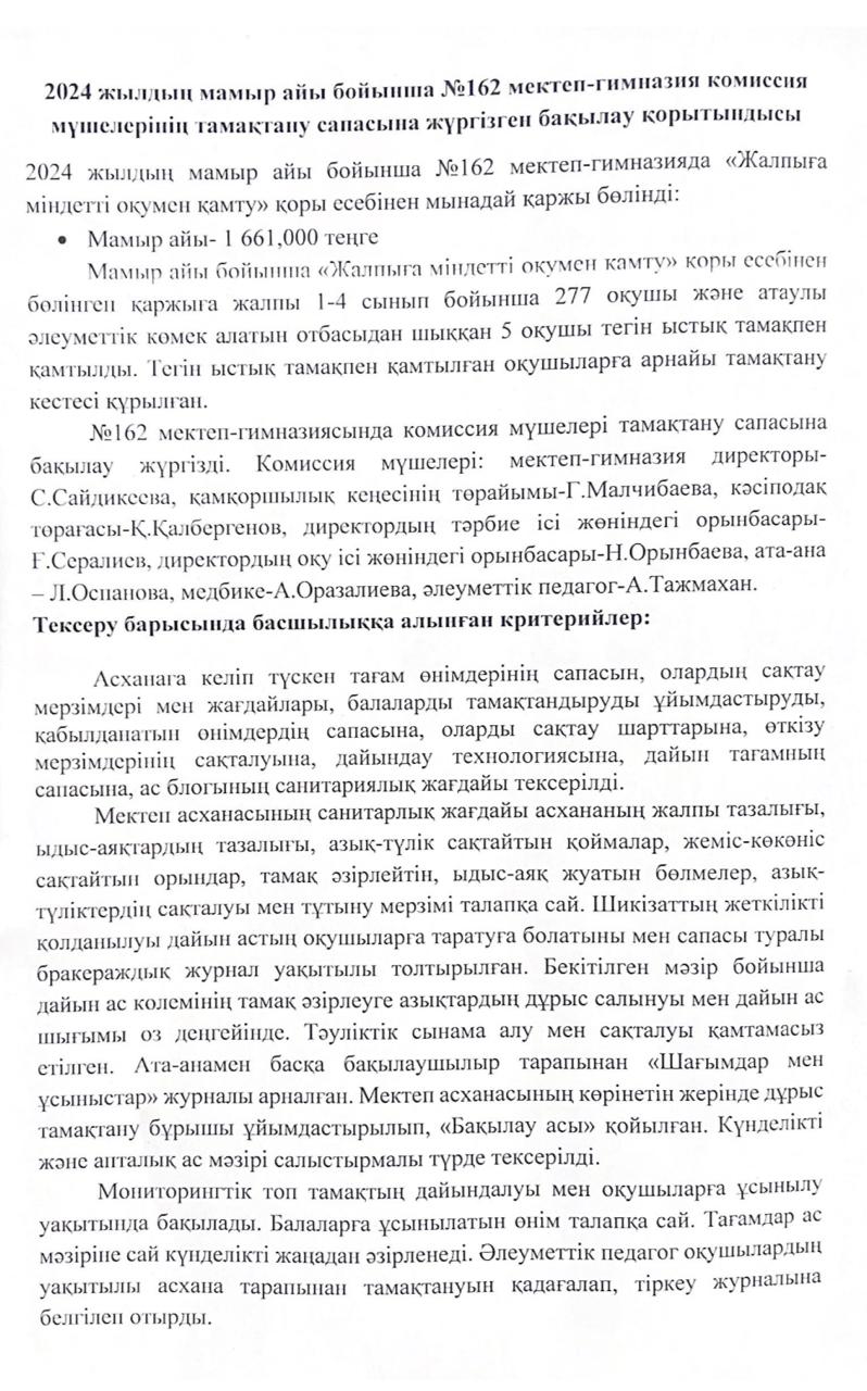 2024 жылдың мамыр айы бойынша №162 мектеп-гимназия комиссия мүшелерінің тамақтану сапасына жүргізген бақылау қорытындысы