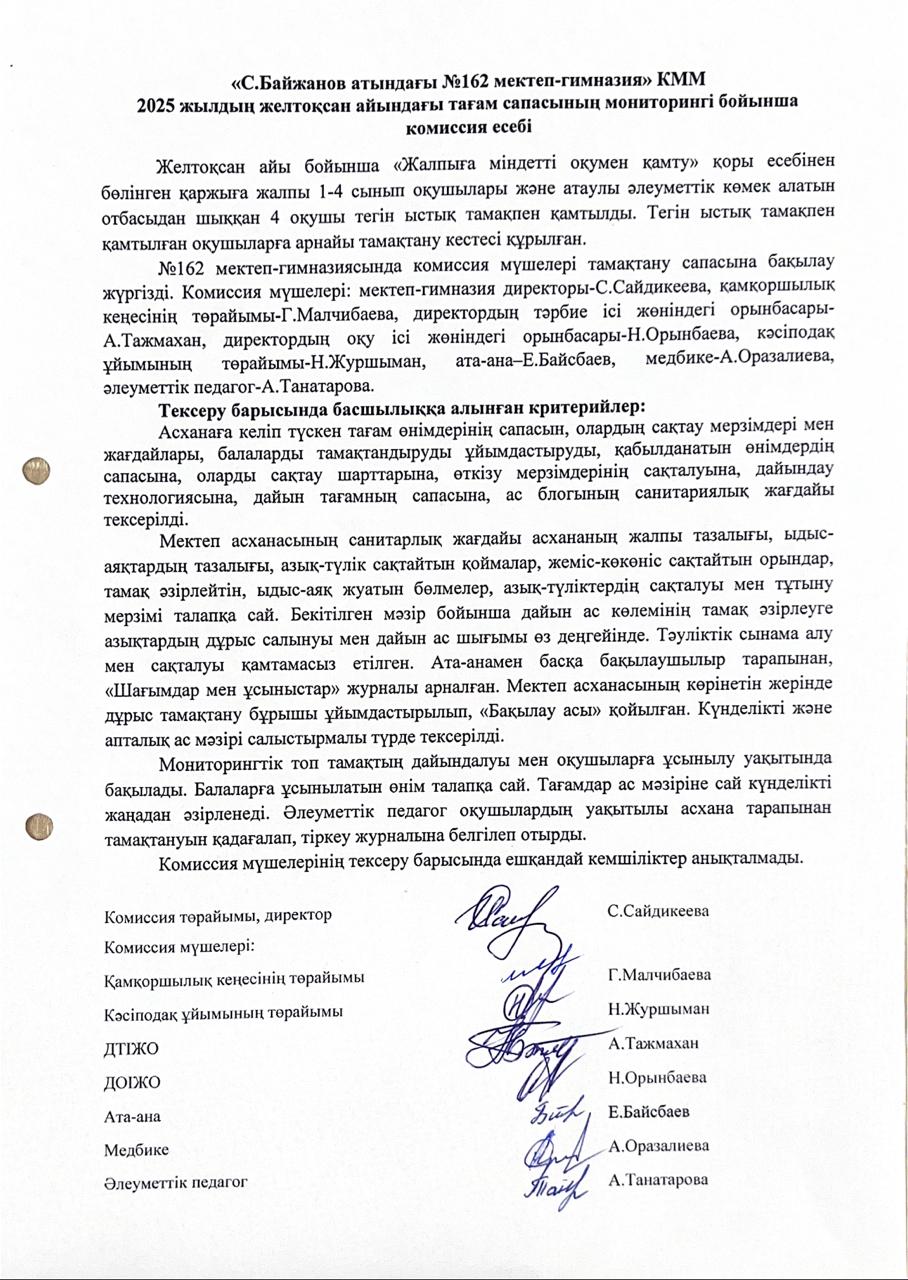 2025 жылдың желтоқсан айындағы тағам сапасының мониторингі бойынша комиссия есебі