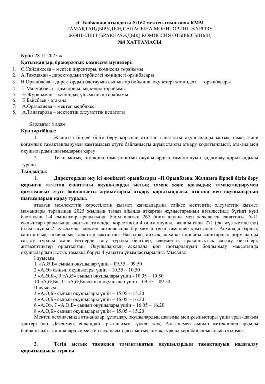 №4 Хаттама тамақтану сапасына мониторинг жүргізу (бракераждық) комиссия отырысы