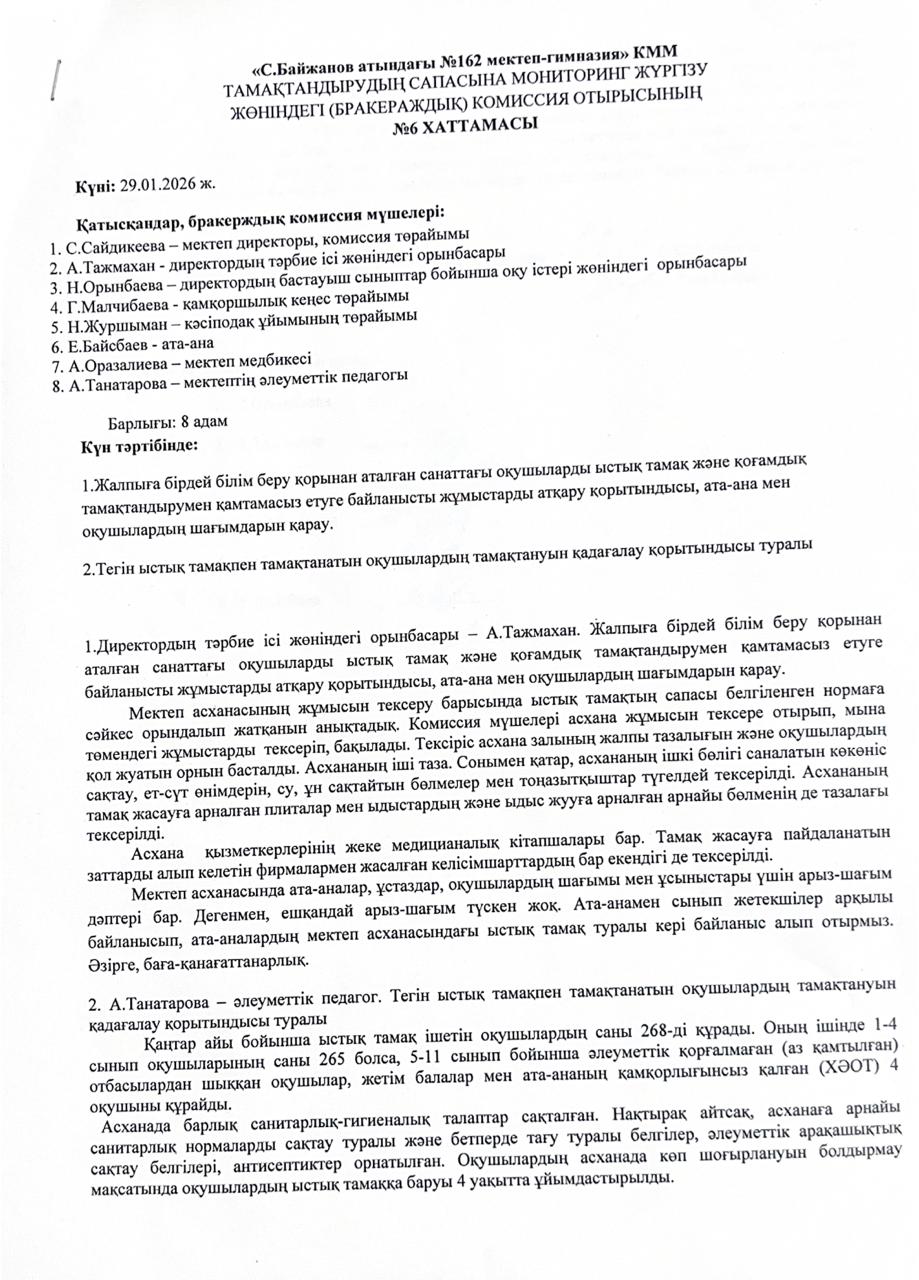 №6 Хаттама тамақтану сапасына мониторинг жүргізу жөніндегі (бракераждық) комиссия отырысы