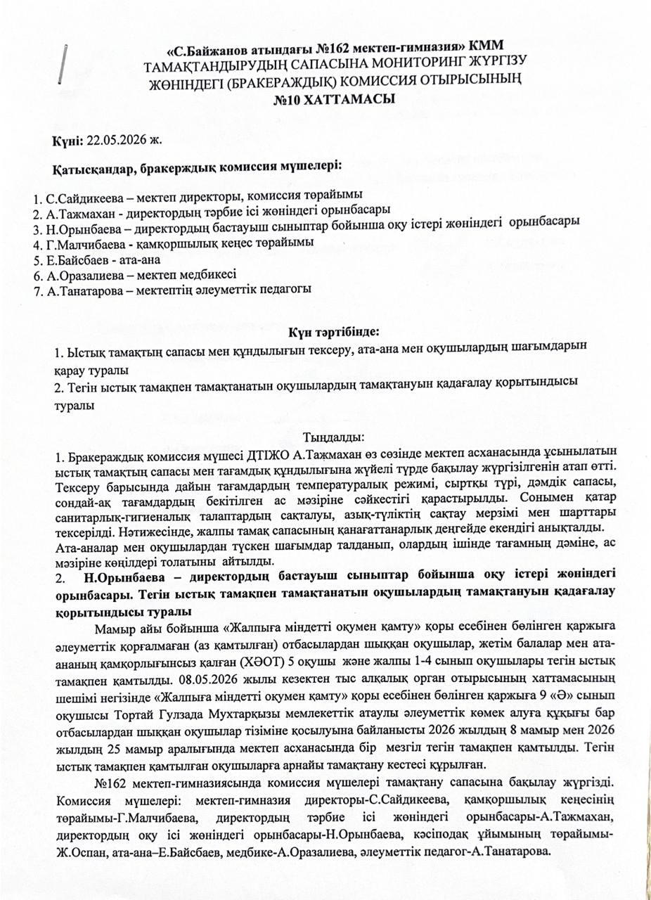 №10 Хаттама тамақтану сапасына мониторинг жүргізу жөніндегі (бракераждық) комиссия отырысы